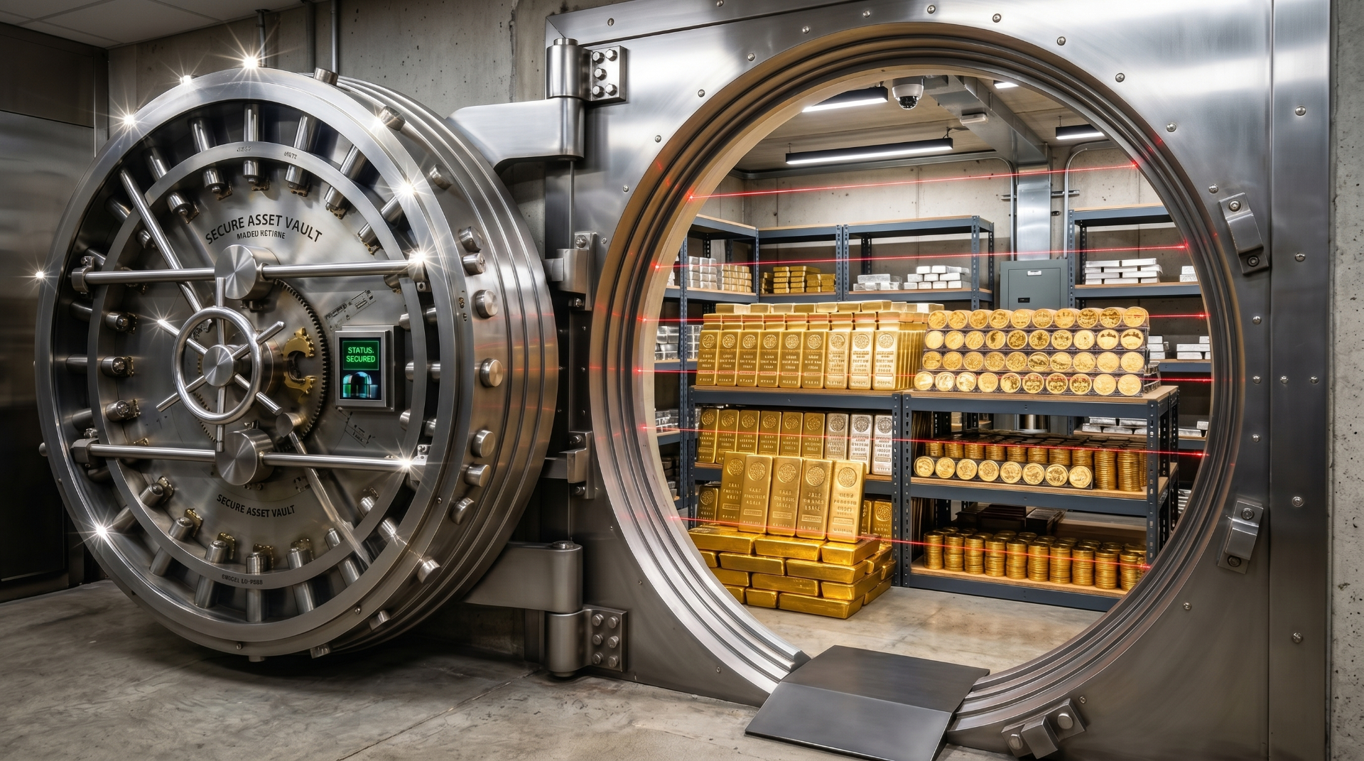 Secured precious metals vault containing gold bars and coins on shelves — illustrative of an IRS-approved depository for gold IRA holdings
